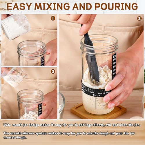 Sourdough Bread Baking Supplies,24 oz Sourdough Starter Jar Glass, Sourdough Starter Kit with Date Marked Feeding Band, Thermometer, Silicone Scraper, Sewn Cloth Cover & Aluminum Lid, Sourdough Jar - size: 24oz-1pcs