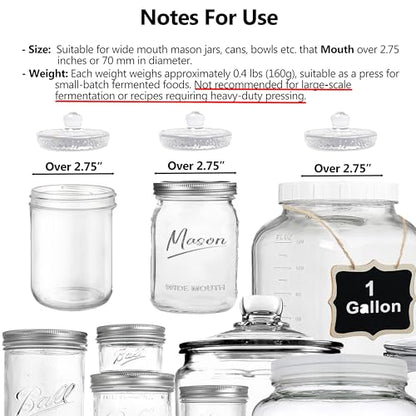 Glass Fermentation Weights Set of 4 for Wide Mouth Mason Jar Pickling Canning Gallon Jars, Fermenting Weigh Easy Grip Handle Convex Wavy Grain Dot for Brewing Fermented Foods - color: Clear-2.75Inch