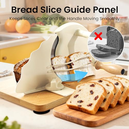 Manual Bread Slicer for Homemade Bread, Bread Cutter for Adjustable and Even Slices, Classic Hand Crank Sourdough Slicer with Scale Line & Powerful Suction Cup, Sharp Stainless Steel Blade (Cream) - color: Cream