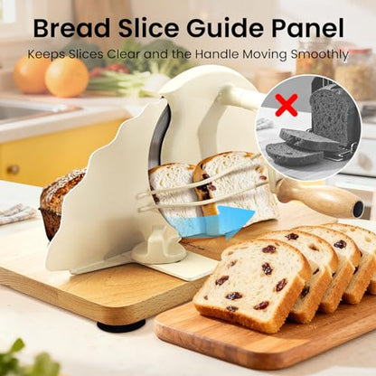 Manual Bread Slicer for Homemade Bread, Bread Cutter for Adjustable and Even Slices, Classic Hand Crank Sourdough Slicer with Scale Line & Powerful Suction Cup, Sharp Stainless Steel Blade (Cream) - color: Cream