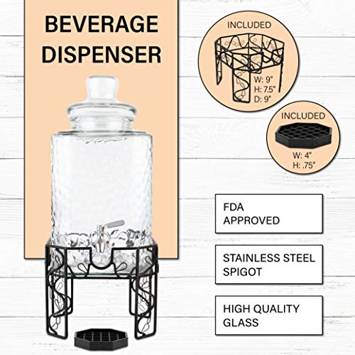 2.5 Gallon Glass Beverage Dispenser with Stainless Steel Spigot, Metal Stand, and Drip Tray – Mason Jar Style Drink Dispenser for Parties, Iced Tea, Water, Lemonade, and More