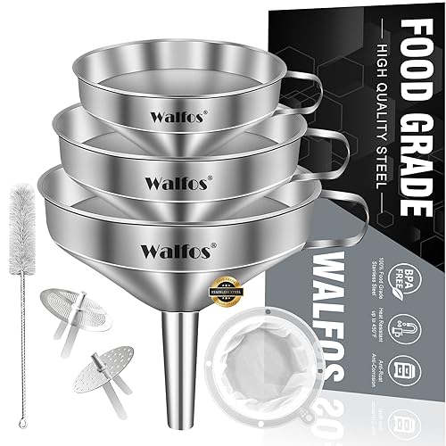 Walfos 3Pcs Kitchen Funnel with 2 Removable Strainer ＆ 1 Cleaning Brush & 1Pc 200 Mesh Food Filter Strainer, Food Grade Stainless Steel Funnel for Transferring of Liquid, Oils, Jam, Dry Ingredients - color: 3pcs 5.7+5+4.1cm
