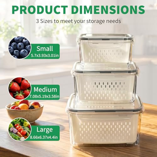 Vegetable Containers for Fridge, Stay Fresh Fruit Vegetable Storage Containers with Lid and Removable Colander, Stackable Vegetable Storage for Berry Salad Lettuce Vegetables Meat Various Food, 3PCS