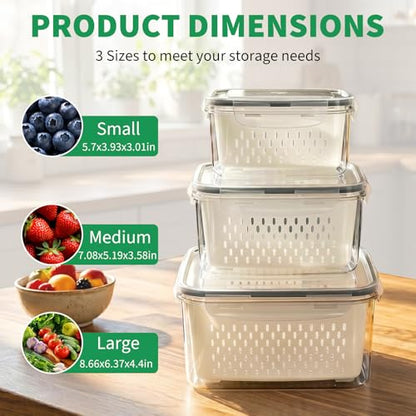Vegetable Containers for Fridge, Stay Fresh Fruit Vegetable Storage Containers with Lid and Removable Colander, Stackable Vegetable Storage for Berry Salad Lettuce Vegetables Meat Various Food, 3PCS