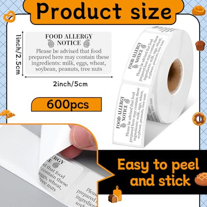 Gueevin 600 Count 1x2'' Food Allergy Warning Labels Allergies Restaurant Food Safety Self Adhesive Stickers Restaurant Removable Thermal Printed Labels for Kitchen(White) - color: White
