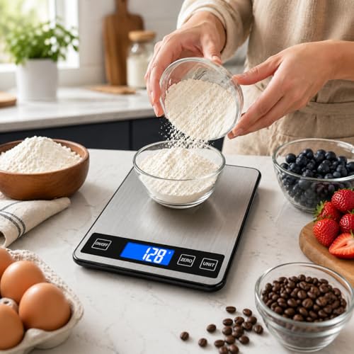 Digital Kitchen Scale 10kg/22lb, Food Scale Grams and Ounces, 1g High Precision, USB Rechargeable, Stainless Steel, Tare Function, LCD Display, Multi-Unit for Baking, Cooking & Meal Prep