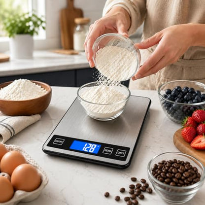 Digital Kitchen Scale 10kg/22lb, Food Scale Grams and Ounces, 1g High Precision, USB Rechargeable, Stainless Steel, Tare Function, LCD Display, Multi-Unit for Baking, Cooking & Meal Prep