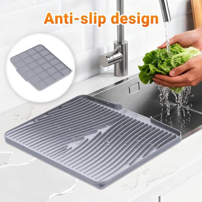 Silicone Dish Drying Mat for Kitchen counter, 15.8"x13" 2Pcs Extra Large Non-Slip Drain Pad with Built-in Drainage, Heat Resistant Dishwasher Safe, Grey - color: Grey-2pcs, size: 15.8" x 13"