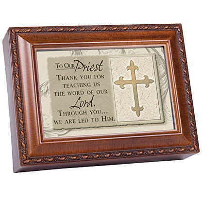 Cottage Garden Our Priest Woodgrain Inspirational Rope Trim Music Box Plays Ave Maria