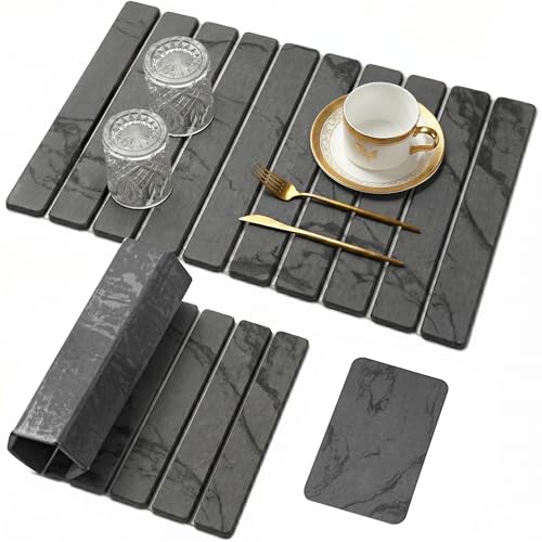 Large Stone Dish Drying Mat for Kitchen Counter,Natural Quick Dry Stone Dishes Mats,Foldable Water Absorbing Diatomaceous Earth Drying Organizer Pad for Kitchen Utensils(Dark Gray 24"×16" & 8"x4") - color: Dark Gray, size: 24" x 16"