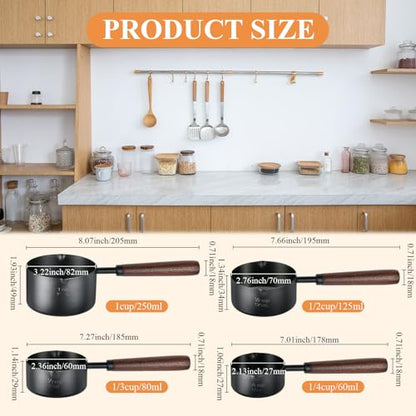 4Pcs Measuring Cups with Wooden Handle, Black Stainless Steel Measuring Cups Scoops Set, Dog Food Scoop for Kitchen Flour Spice Seasoning Measurement Cooking (1, 1/2, 1/3, 1/4 Cup)