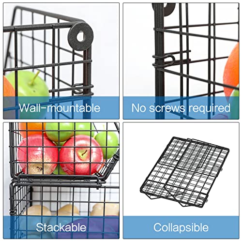 3-Tier Stackable Wire Baskets for Counter, Fruit and Vegetable Storage, Potato and Onion Storage Bin，Kitchen Pantry Organizer - Wall Basket for Produce/Snack/Can, Black - size: 3-tier Large