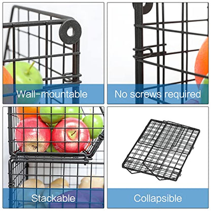 3-Tier Stackable Wire Baskets for Counter, Fruit and Vegetable Storage, Potato and Onion Storage Bin，Kitchen Pantry Organizer - Wall Basket for Produce/Snack/Can, Black - size: 3-tier Large
