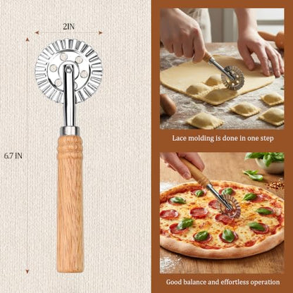 Pastry Cutter Wheel, Crinkle Wheel with Beech Wood Handle | 304 stainless steel crinkle blade, beech wood handle, multi-use for pizza pasta pastry cookie ravioli, 5 variants - color: Long Handle Large Cutter Wheel