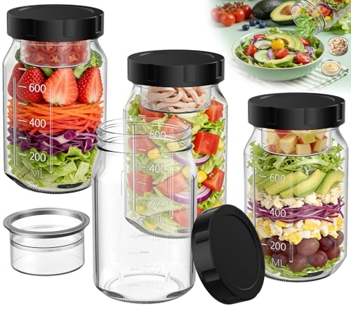 4Pack Glass Salad Jars with Lids, 32oz Salads Mason Jars with Wet/Dry Separation Cup, Meal Prep Salad Containers for Lunch, Leakproof Wide Mouth Food Storage Containers, BPA-Free Reusable (Black) - color: Black