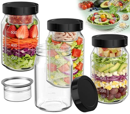 4Pack Glass Salad Jars with Lids, 32oz Salads Mason Jars with Wet/Dry Separation Cup, Meal Prep Salad Containers for Lunch, Leakproof Wide Mouth Food Storage Containers, BPA-Free Reusable (Black) - color: Black