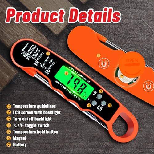 Meat Thermometer Digital, IP67 Waterproof Food Thermometer for Cooking and Baking, Instant Read Meat Thermometer with Backlight, Hold Function & Magnet for Kitchen, Beef, Grill, BBQ, Candy, Turkey - color: Orange
