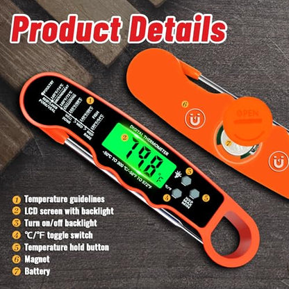 Meat Thermometer Digital, IP67 Waterproof Food Thermometer for Cooking and Baking, Instant Read Meat Thermometer with Backlight, Hold Function & Magnet for Kitchen, Beef, Grill, BBQ, Candy, Turkey - color: Orange