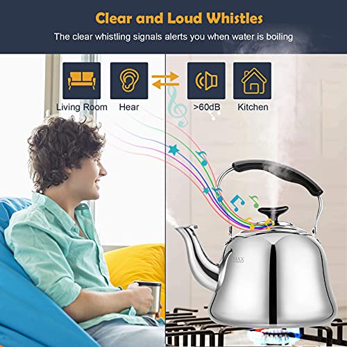Tea Kettle Stovetop Whistling Teakettle ClassicTeapot Stainless Steel Tea Pots for Stove Top with Heat-resistant Folding Handle Mirror Finish, 2 liters | Premium Food Grade Stainless Steel Whistling Tea Kettle with Heat-Resistant Folding Handle for Fast B