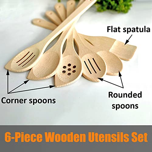 ECOSALL 6 Healthy Wooden Spoons For Cooking – Safe & Reliable Kitchen Set | 100% Natural, Uncoated, Unfinished Solid Hard Wood Utensils to Scrape, Stir, Serve, Turn, Flip & Mix Your Food. Nonstick Safe
