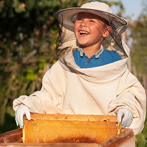 Luwint Kids Beekeeping Jacket and Gloves, Ventilated Veil Bee Suit for Kids Protective Pull Over Beekeeper Jacket with Goatskin Beekeeping Gloves for Kids (3'8''-4'4'' Height) - style: 3'8''-4'4'' Height/White