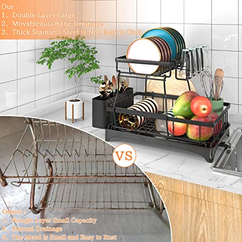 Godboat 2-Tier Dish Drying Rack - Dish Rack with Auto Drain-to-Sink & Mat | Dish Racks for Kitchen Counter, Dish Drainer with Knife Fork & Cup Rack, Gifts for Women, Mothers Day, Kitchen Gadgets, Black - size: X-Large/(2-Tier)