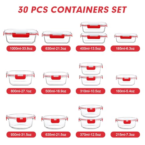VERONES 30 Pieces Glass Meal Prep Containers Set, Stackable Glass Food Storage Containers with Lids-Airtight Lunch Containers，for Microwave, Oven, Freezer & Dishwasher,Red - color: Red-30