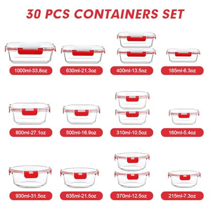 VERONES 30 Pieces Glass Meal Prep Containers Set, Stackable Glass Food Storage Containers with Lids-Airtight Lunch Containers，for Microwave, Oven, Freezer & Dishwasher,Red - color: Red-30