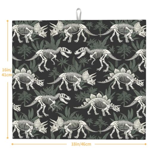 Dinosaur Skeletons Botanical Dish Drying Mats for Kitchen Counter, Super Absorbent Microfiber Drainer Pad, Washable Reversible Appliance Protector, Everyday Kitchen Must-Have, 16x18 Inch - color: Dinosaur Skeletons Botanical
