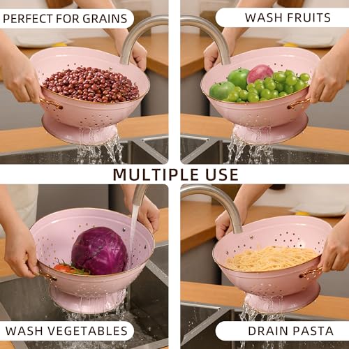 Metal Colander Set of 2, Strainer Basket with Handles 3.5 & 5 Qt Powder Coated Self-draining Solid Ring Base Metal Large Kitchen Colander Bowel for Pasta Vegetable Fruit (PINK) - color: M-PINK