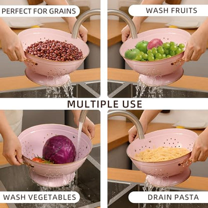 Metal Colander Set of 2, Strainer Basket with Handles 3.5 & 5 Qt Powder Coated Self-draining Solid Ring Base Metal Large Kitchen Colander Bowel for Pasta Vegetable Fruit (PINK) - color: M-PINK