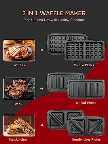 FOHERE Waffle Maker 3 in 1 Sandwich Maker 1200W Panini Press With Removable Plates and 5-gear Temperature Control, Non-stick Coating Easy to Clean,Indicator Lights, Red - color: Red
