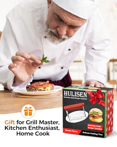 HULISEN 6.2" Stainless Steel Smashed Burger Press with Extra Wide Heat-Resistant Wood Handle, Burger Smasher for Flat Top Griddle, Grill, Skillet, Cast Iron Pan, Hamburger Cooking Accessories - size: 6.2 inch with Wood Handle