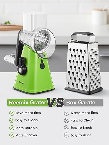 Rotary Cheese Grater with Handle, Reemix Vegetable Cheese Shredder Slicer Grater for Kitchen 3 Changeable Blades for Cheese Potato Zucchini Nuts Chocolate (Green) - color: Green