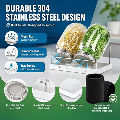 Sprouting Kit,Seed Sprouting Jar Kit,2Pcs Large Wide Mouth Mason Jar with 304 Stainless Steel Screen Sprout Lid,Sprout Jar Stand,Tray,Blackout Sleeves,Sprouts Growing Kit for Broccoli,Mung Bean - color: Red