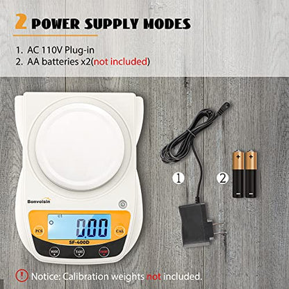 Bonvoisin Digital Lab Scale 600g x 0.01g Precision Electronic Scale LCD Display Analytical Balance Jewelry Scale Scientific Scale 0.01g Accuracy - color: White