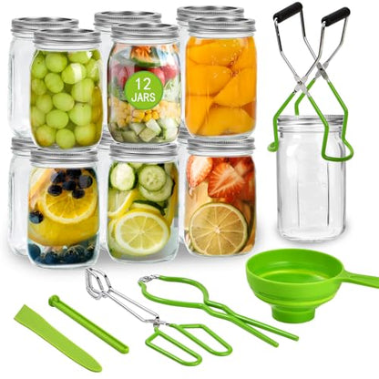 12-Pack Mason Jars 32 oz with Canning Supplies Starter Kit, Wide Mouth Pint Glass Jars with Lids, Jar Lifter Tongs,Funnel,6 in 1 Canner Tools Set for Canning, Pickling (32oz Jars with Tools)