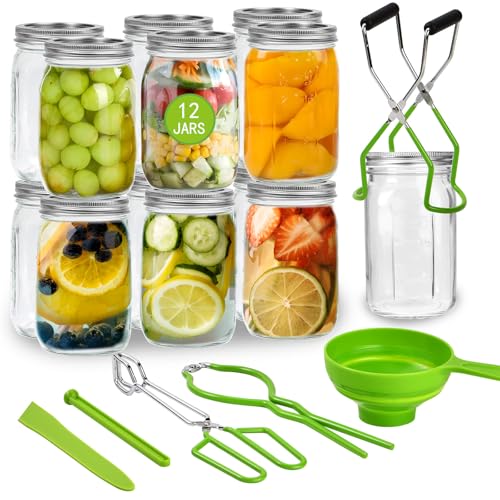 12-Pack Mason Jars 32 oz with Canning Supplies Starter Kit, Wide Mouth Pint Glass Jars with Lids, Jar Lifter Tongs,Funnel,6 in 1 Canner Tools Set for Canning, Pickling (32oz Jars with Tools)