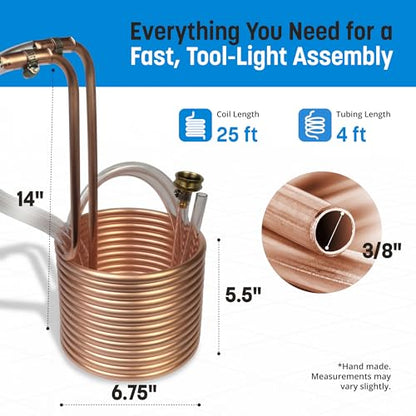 Coldbreak 25Ft. Wort Chiller with Copper Coil - Compact and Basic Immersion Beverage Chiller and Beer Brewing Equipment - 2pcs of 4Ft. Vinyl Tubings with Garden Hose Fitting and Hose Clamps Included - size: 25'