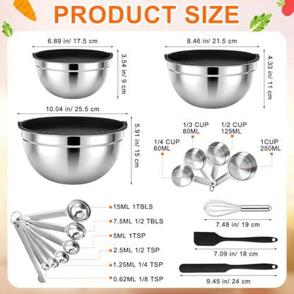 18 Pack Stainless Steel Mixing Bowls with Lids Set Includes Stainless Steel Measuring Cups and Spoons Wire Balloon Whisk Silicone Spatulas Suitable for Kitchen Cooking Baking(Black) - color: Black