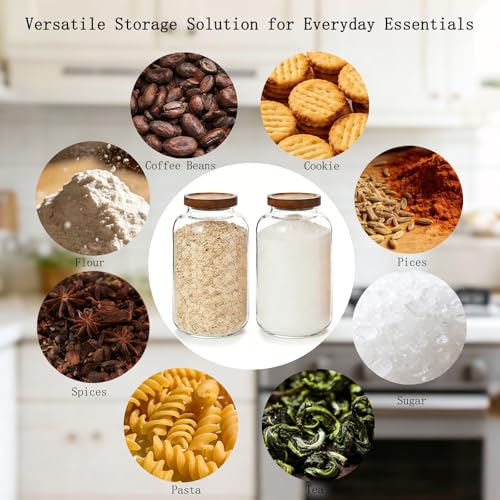 2-Pack Large Glass Flour and Sugar Storage Containers, 95 oz / 2800 ml Airtight Glass Jars with Wooden Lids, Clean & Elegant Canisters for Storing Rice, Pasta, Oats, Candy, Cookies and More - size: Large