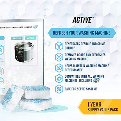 ACTIVE Washing Machine Cleaner and Dishwasher Detergent Booster - Includes 24ct Washer Cleaning Tablets and 32oz Dish Boosting Powder