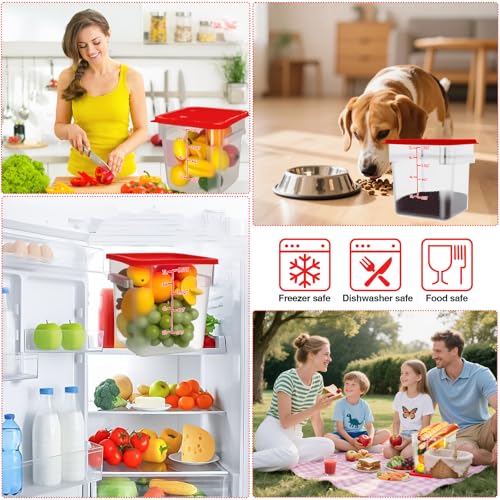 Square Storage Container with Lid, Commercial Box with Measurement Marks & Handle, for Baking, Dough Proofing, Meat Brining, Kitchen Tool(Red, 7.5QT-4PACK) - size: 7.5QT-4PACK