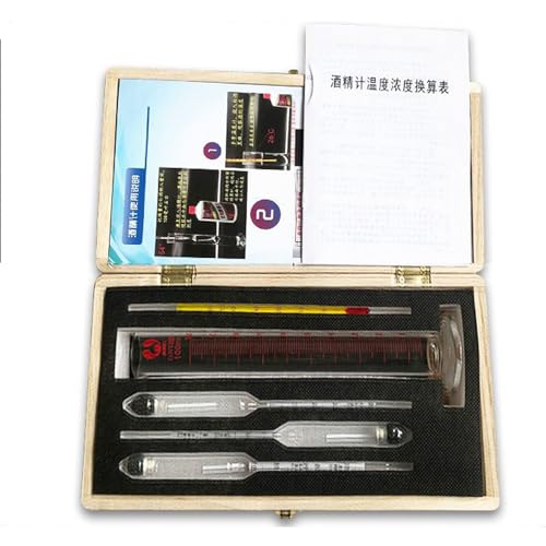 5 Pieces Hydrometer Alcohol Meter Test Kit 0-100% Household Alcohol Hydrometer Concentration Meter Tester for Spirits/Distillates Whiskey with Thermometer Glass Cylinder Wooden Storage Box