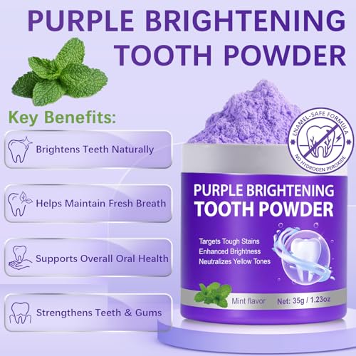 Teeth Whitening Powder - Purple Brightening Powder - Removes Stains, No Sensitivity - Toothpaste Power - for Coffee, Tea and Food Stains - Fresh Mint Flavor, Breath Freshener - 35g - size: 1.23 Ounce (Pack of 1)