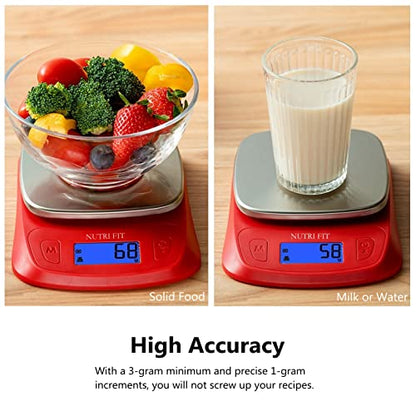 NUTRI FIT Ultra Slim Food Scale Digital Kitchen 1g Increment Measure in lb oz ml High Precision Weight in Grams and oz for Coffee Making, Meal Prep - Red/Stainless Steel - color: Red