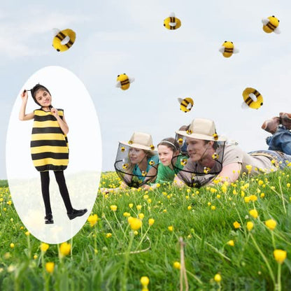 54Pcs Beekeeper hat Set Including 2Pcs Bee Keeper Hats, 12Pcs Wool Felt Bee, Round Double Sided Tape,Bee Keeper Costume Helmet Bug Insect Hats with Netting for Beekeeper Halloween Costume Adult