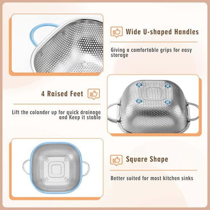 P&P CHEF Stainless Steel Colander Set, Strainers and Colanders for Kitchen | 3 Pcs Square Metal Colander Set, For Washing Draining Rinsing Spaghetti Fruit Food, Dishwasher Safe & Healthy, 2.4 / 4 / 6 Qt