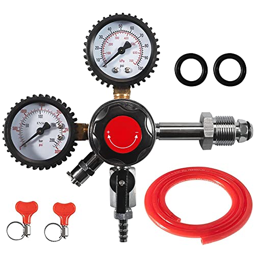 LUCKEG CGA580 Nitrogen Beer Regulator Dual Gauge Gas Air Pressure Regulator with 0-100 PSI Delivery Pressure Premium Double Gauge Nitrogen Keg Regulator with 5ft Gas Line and Free Worm Clamps