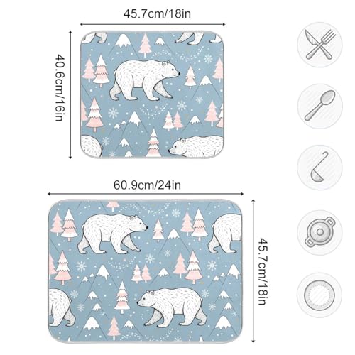 Winter Polar Bear Tree Dish Drying Mat for Kitchen Counter Super Absorbent Draining Mat with Non-slip Backed Drainer Mat for Sinks Countertops Draining Racks Dish Bottles Cups Bowl